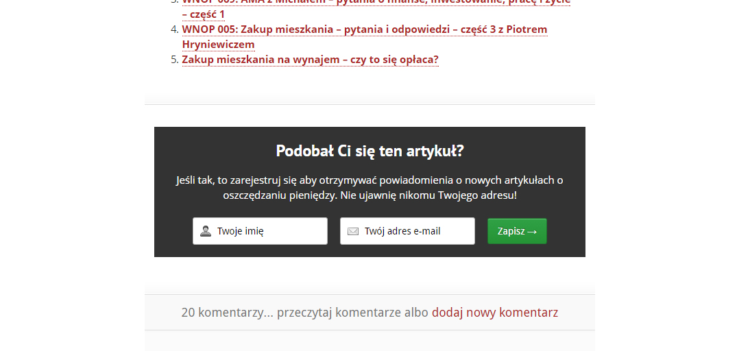 Przykład formularza z zapisem na newsletter na końcu artykułu na stronie Jak oszczędzać pieniądze.