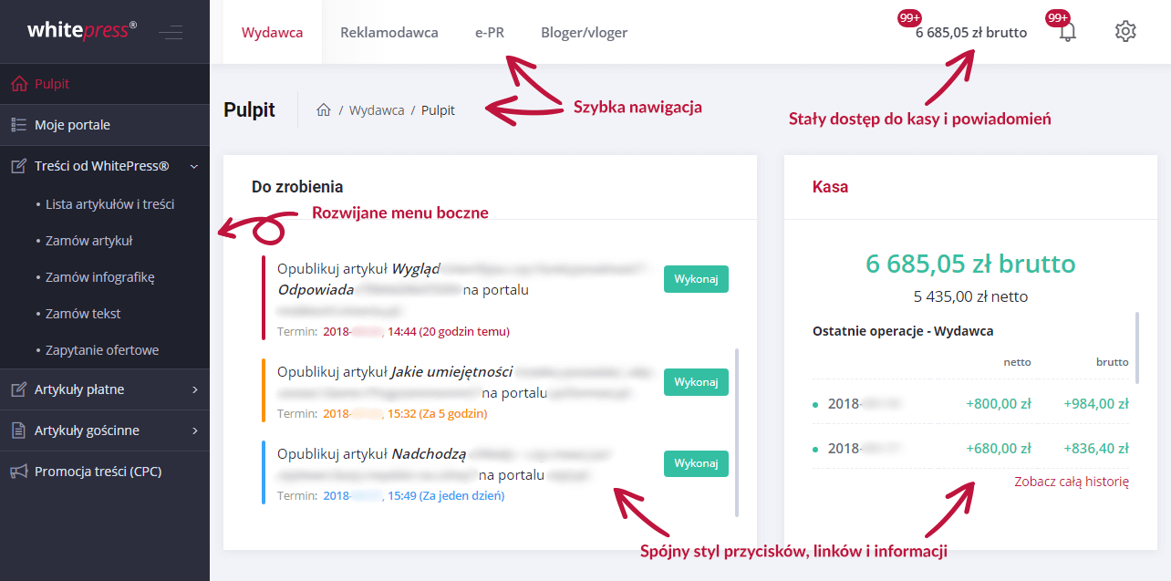 widok nowego panelu użytkownika platformy whitepress