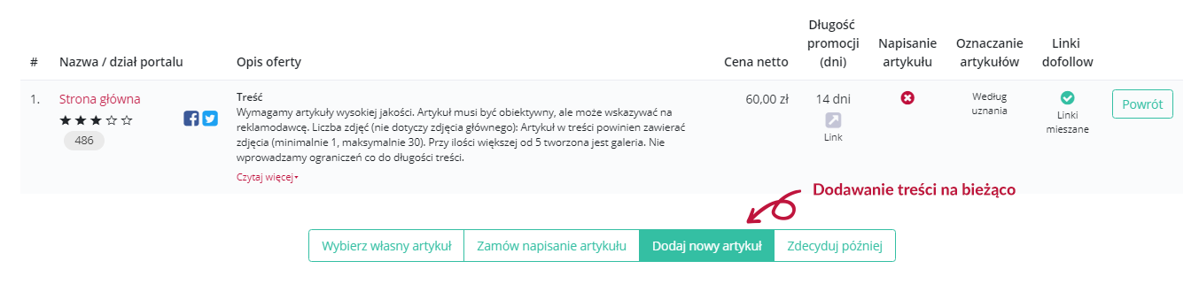 dodawanie treści przy wyborze portalu w nowym panelu użytkownika platformy whitepress