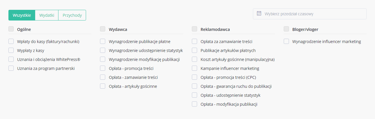 zaawansowane opcje filtrowania operacji finansowych w nowym panelu użytkownika platformy whitepress
