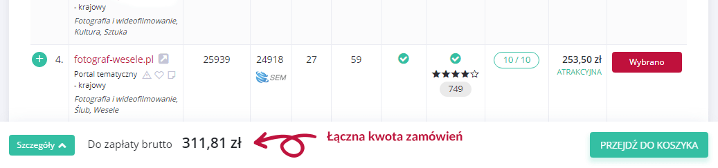 podgląd koszyka podczas wyboru portali w nowym panelu użytkownika platformy whitepress