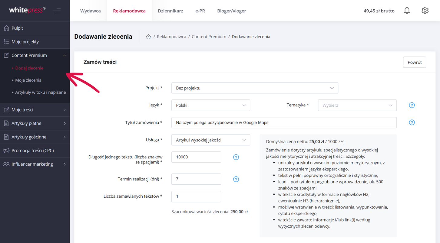 dodaj zlecenie w content premium