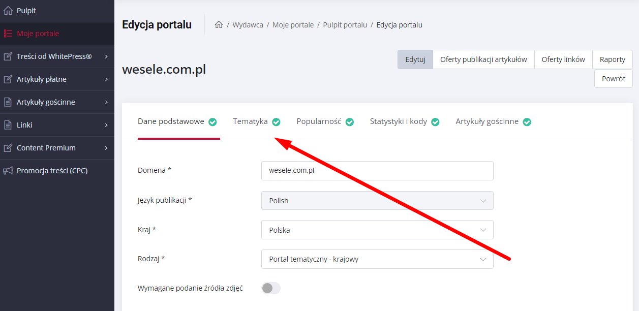 Edycja portalu - tematyka - screen