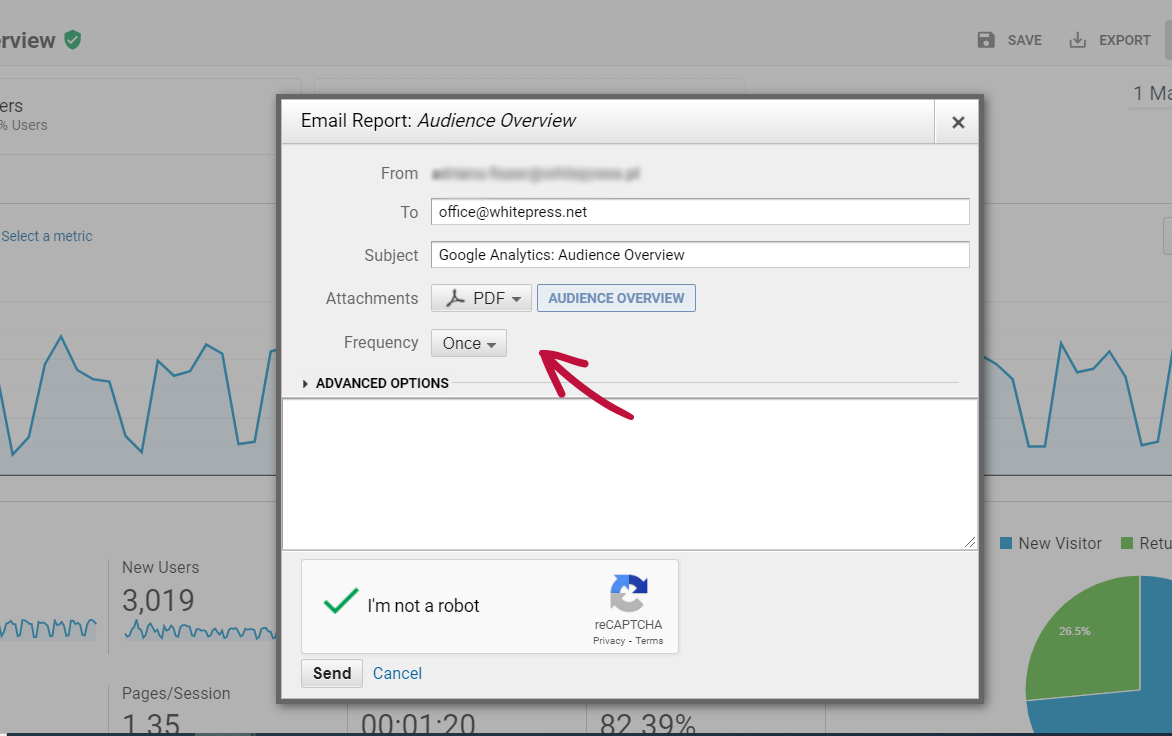 wysyłanie raportu w google analytics
