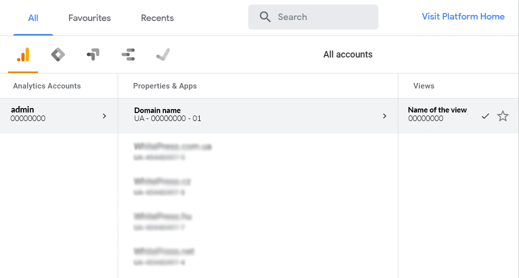 wybór portalu w google analytics