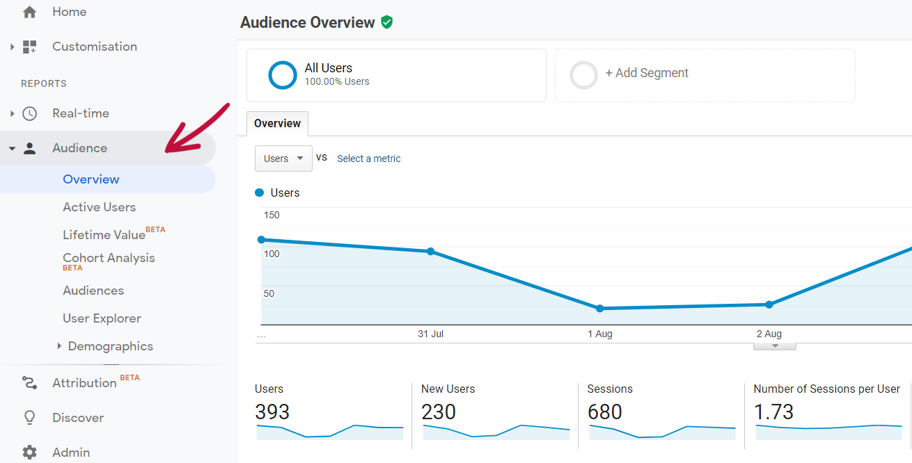 Zakładka Odbiorcy > Podgląd w google analytics