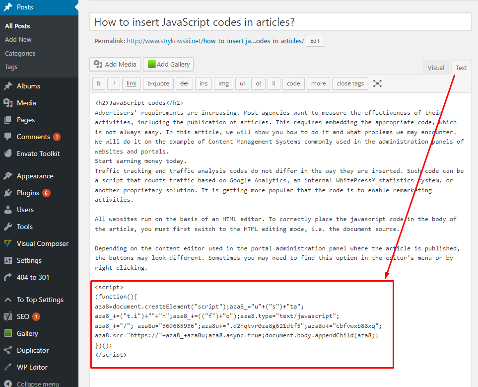Javascript-trackingcode in de HTML-weergave van het artikel