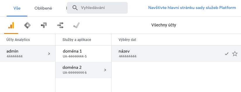 wybór portalu w google analytics