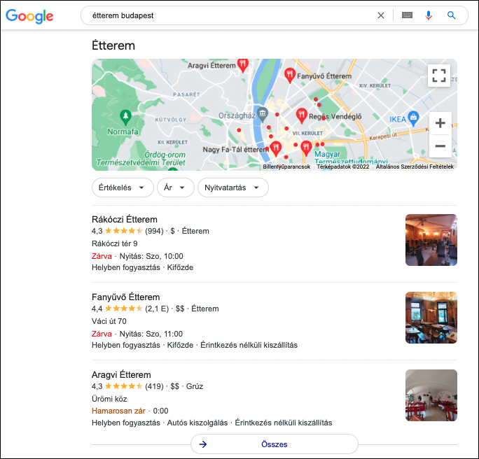 Google térkép találatok