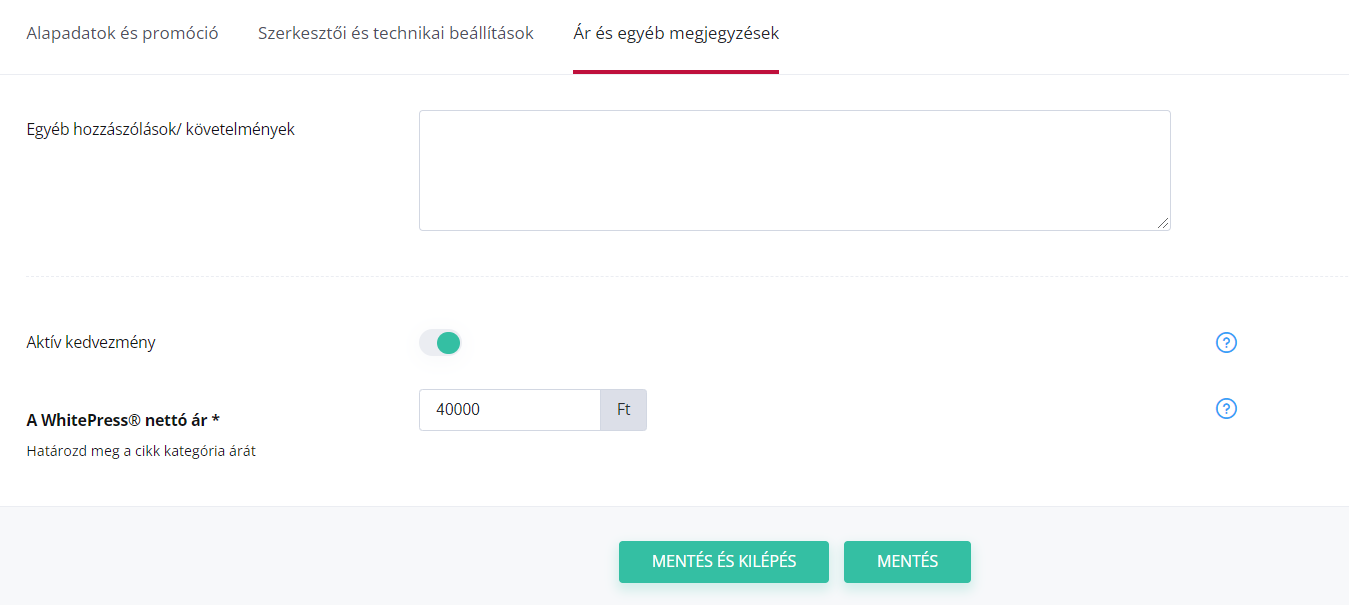 WhitePress ajánlat ár megadás