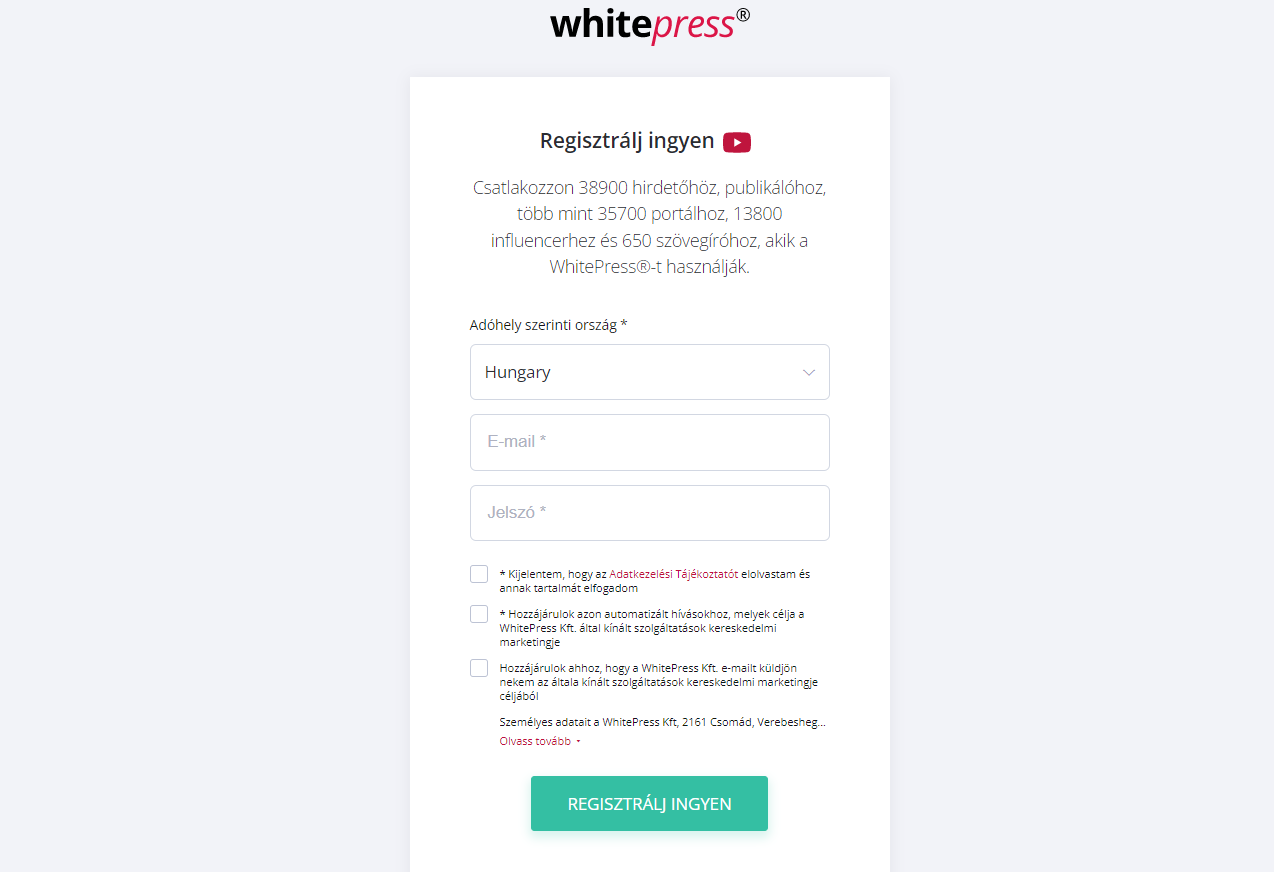WhitePress regisztráció