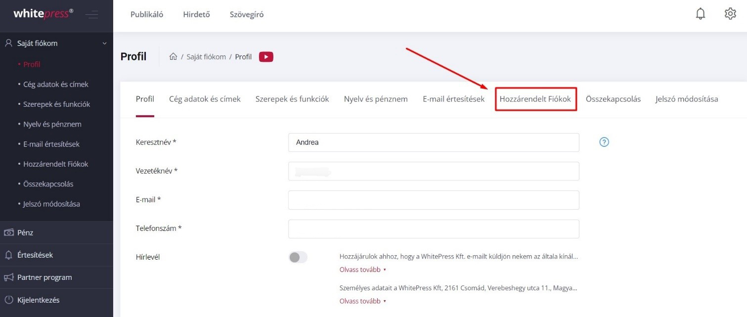  WhitePress® - fiók belállítások