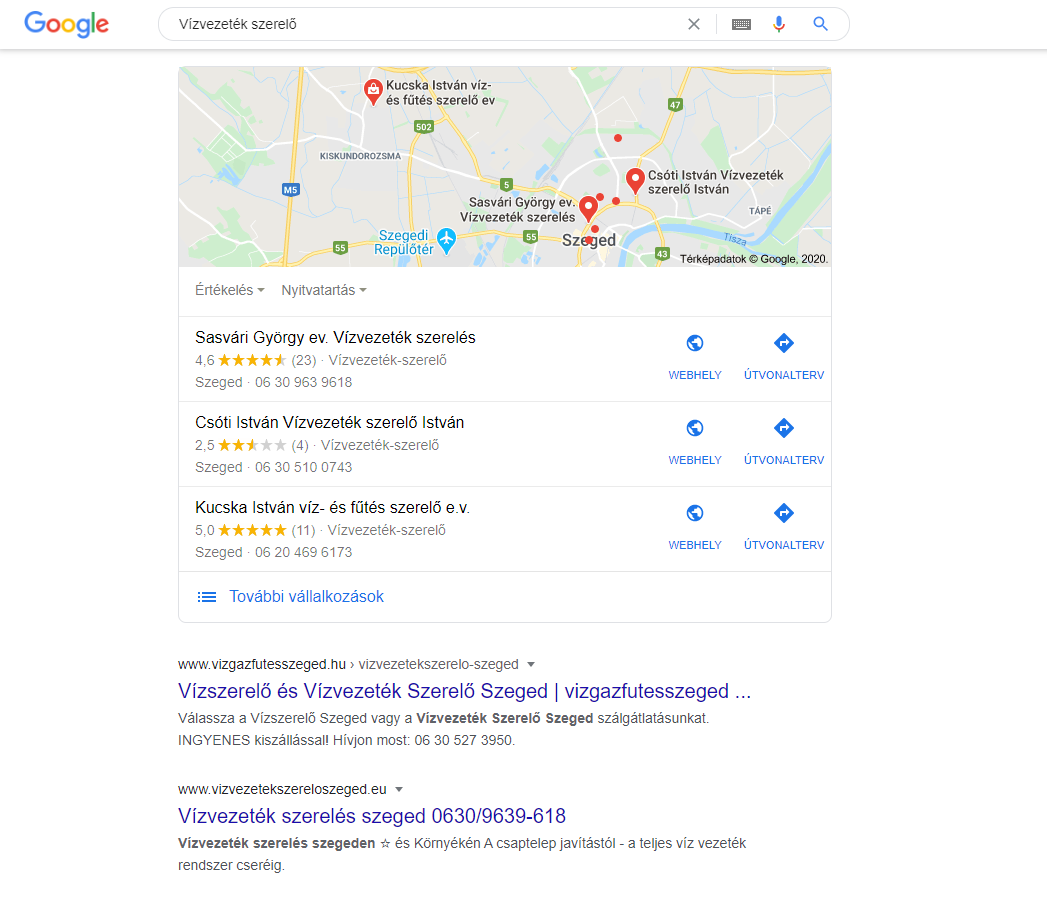 Search engine result for plumber in London