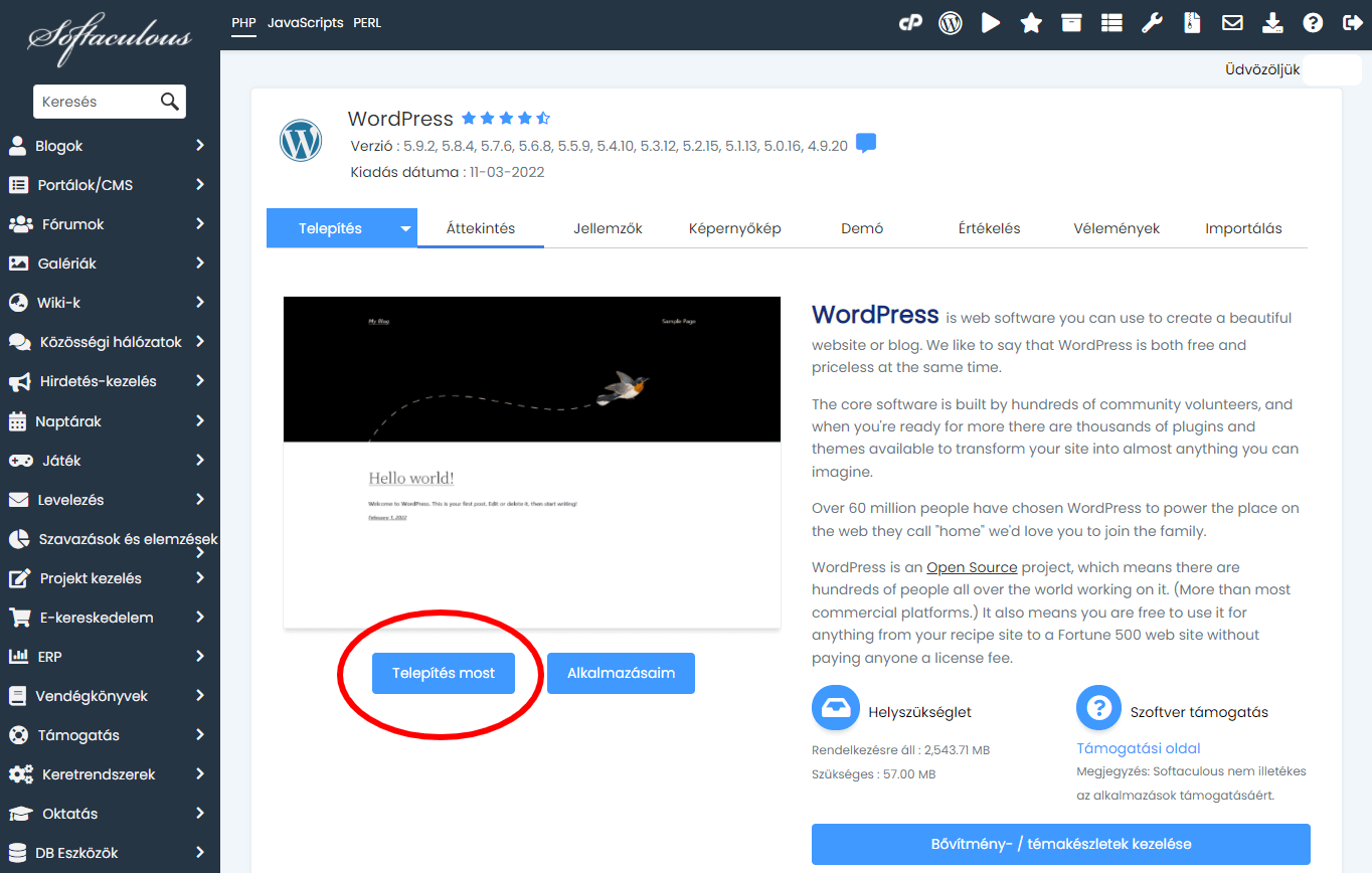 WordPress telepítés