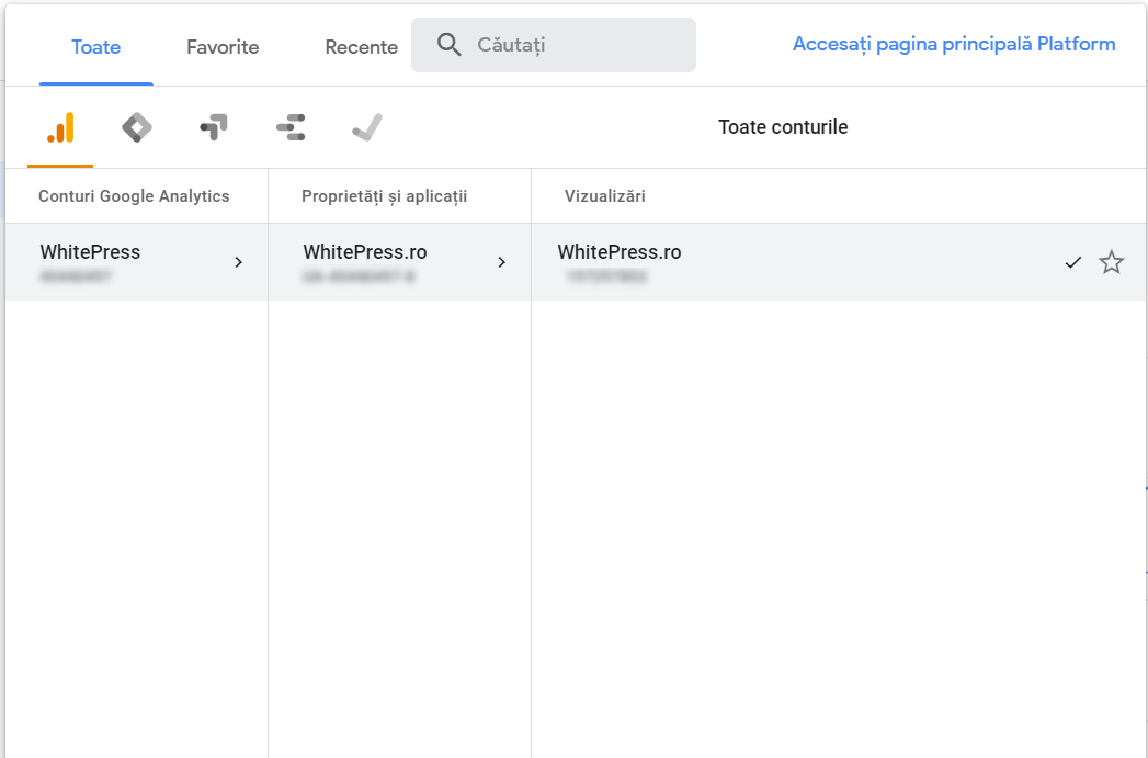 wybór portalu w google analytics