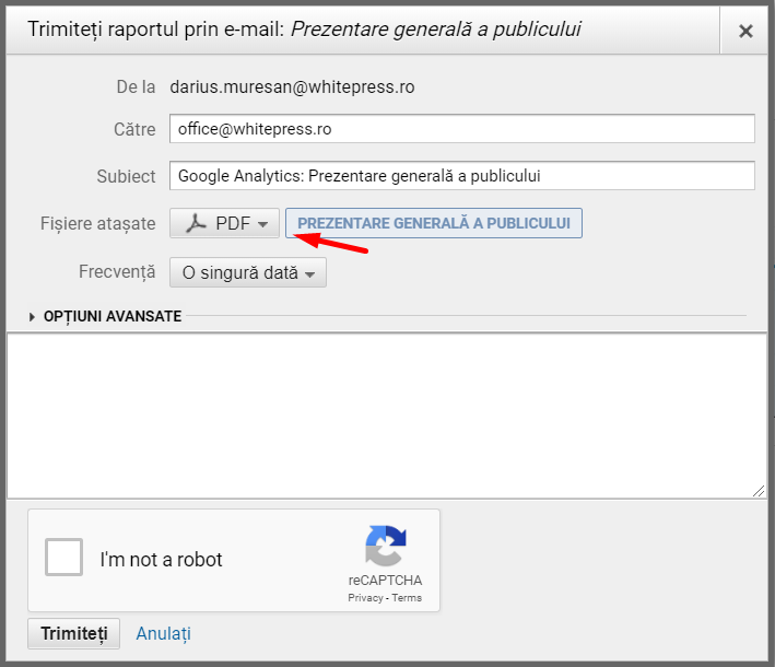 wysyłanie raportu w google analytics