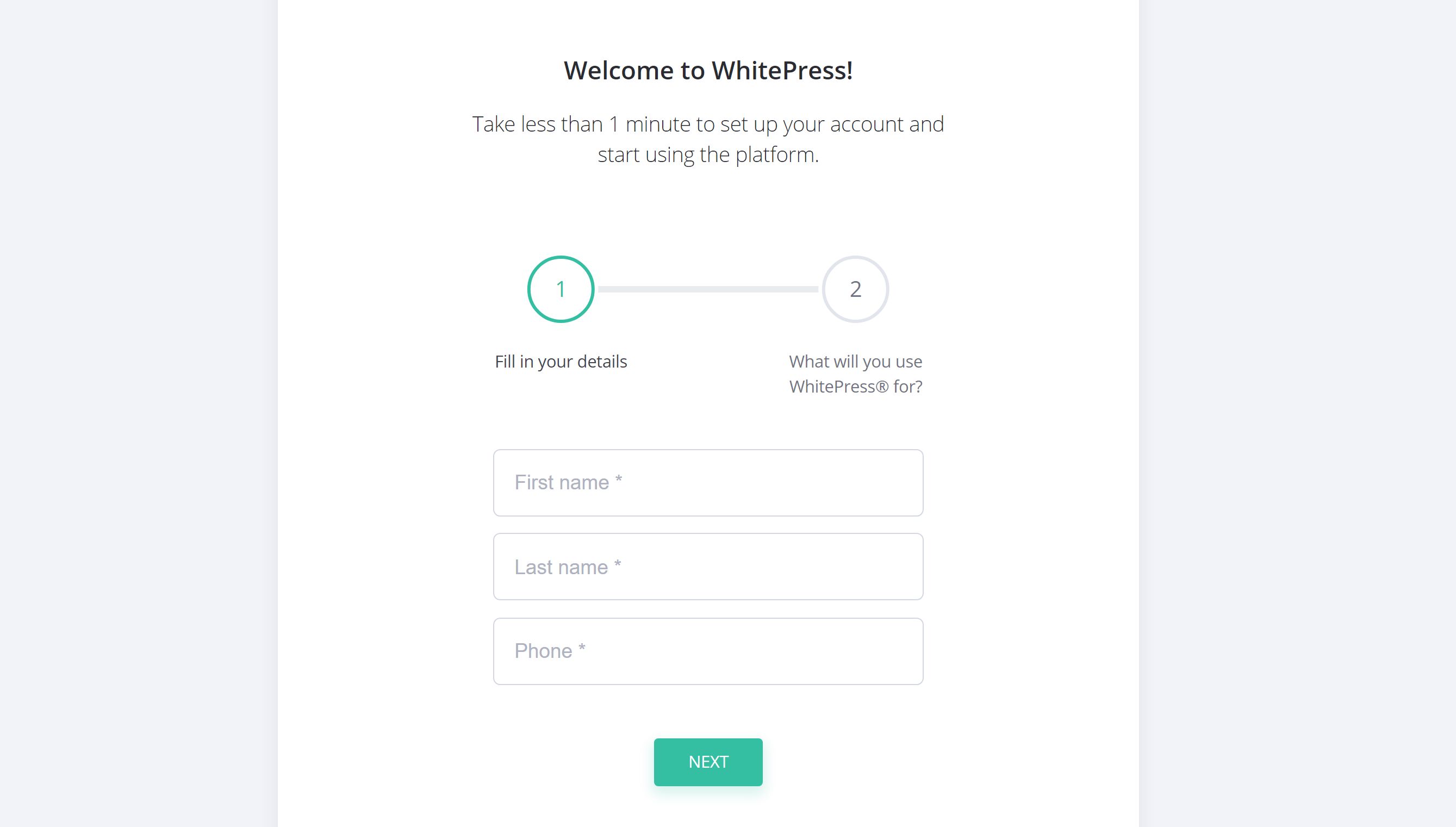 Creating account WhitePress screen