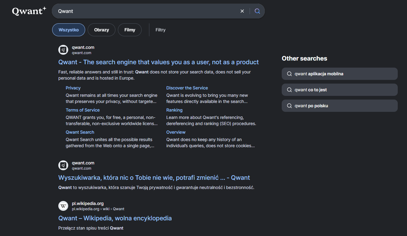 Qwant wyszukiwanie -&nbsp;screen