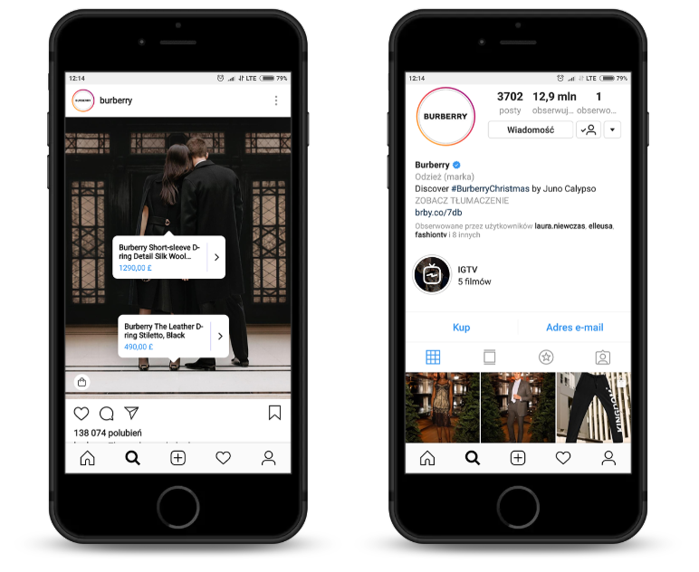 Burberry - profil sklepu na IG - screen z widocznym wykorzystaniem funkcji Zakupy