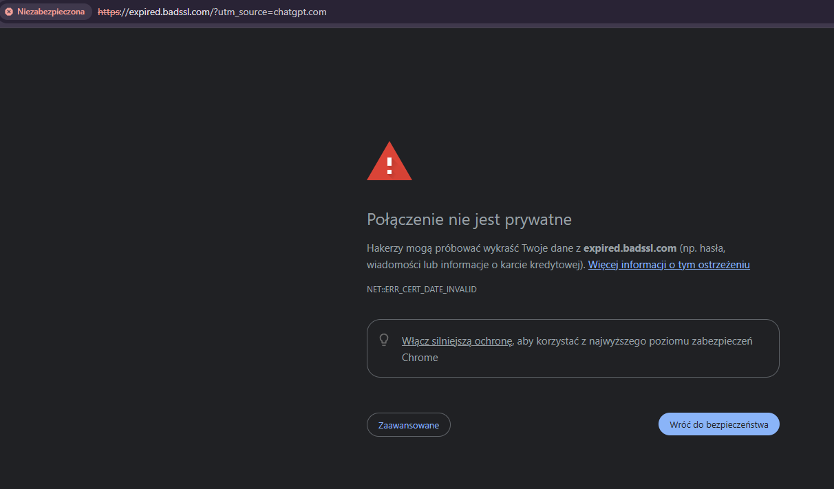 Screen z&nbsp;przeglądarki Chrom -&nbsp;ostrzeżenie dotyczące bezpieczeństwa