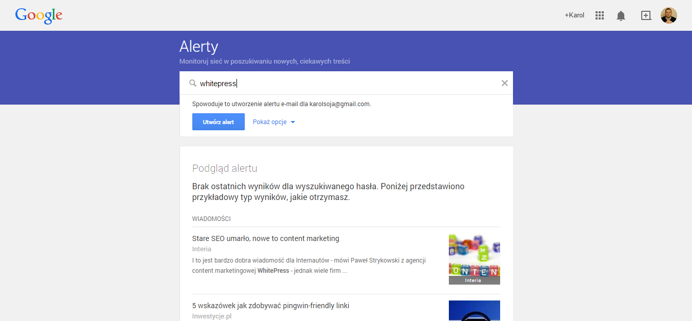 monitoring internetu - alerty google