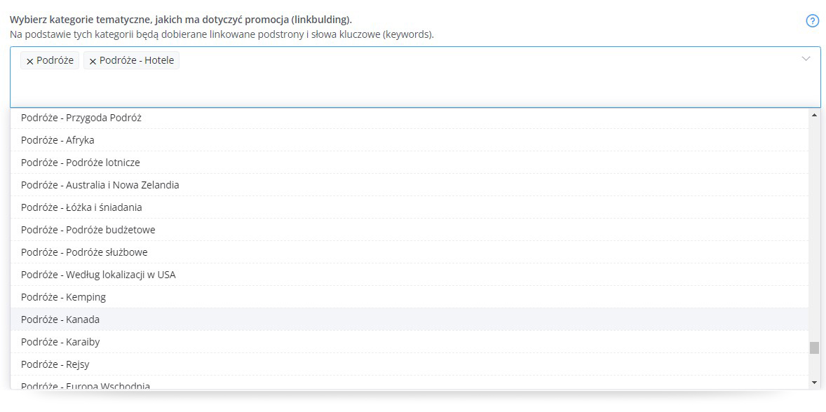 AI Media Planner - wybór kategorii portalu