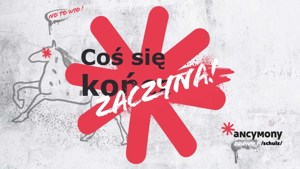 Grafik z rebrandingu Ancymonów - w te obrazek konia, na pierwszym planie czerwona gwiazdka z napisem Co się kończy (słowo kończy zasłonięte przez zaczyna).