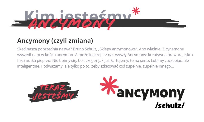 Tekst ze strony agencji Ancymony: Kim jesteśmy Ancymony. Ancymony (czyli zmiana). Skąd nasza poprzednia nazwa? Bruno Schulz "Sklepy ancymonowe". Ano właśnie. Z cynamonu wyszedł nam w końcu ancymon. A może inaczej - z nas wyszły Ancymony.