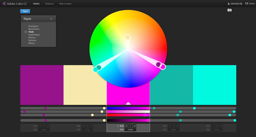 Interface programu Adobe Color CC