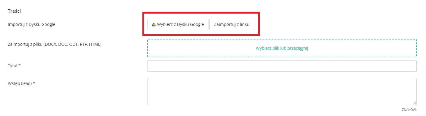 Import artykułu z dysku Google