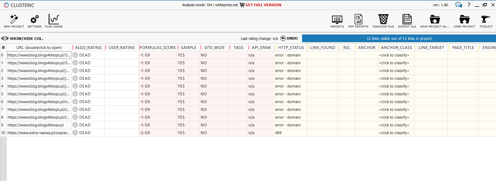 Backlink analysis in Clusteric software