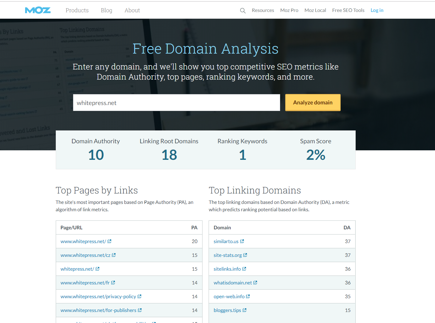 MOZ link explorer tool