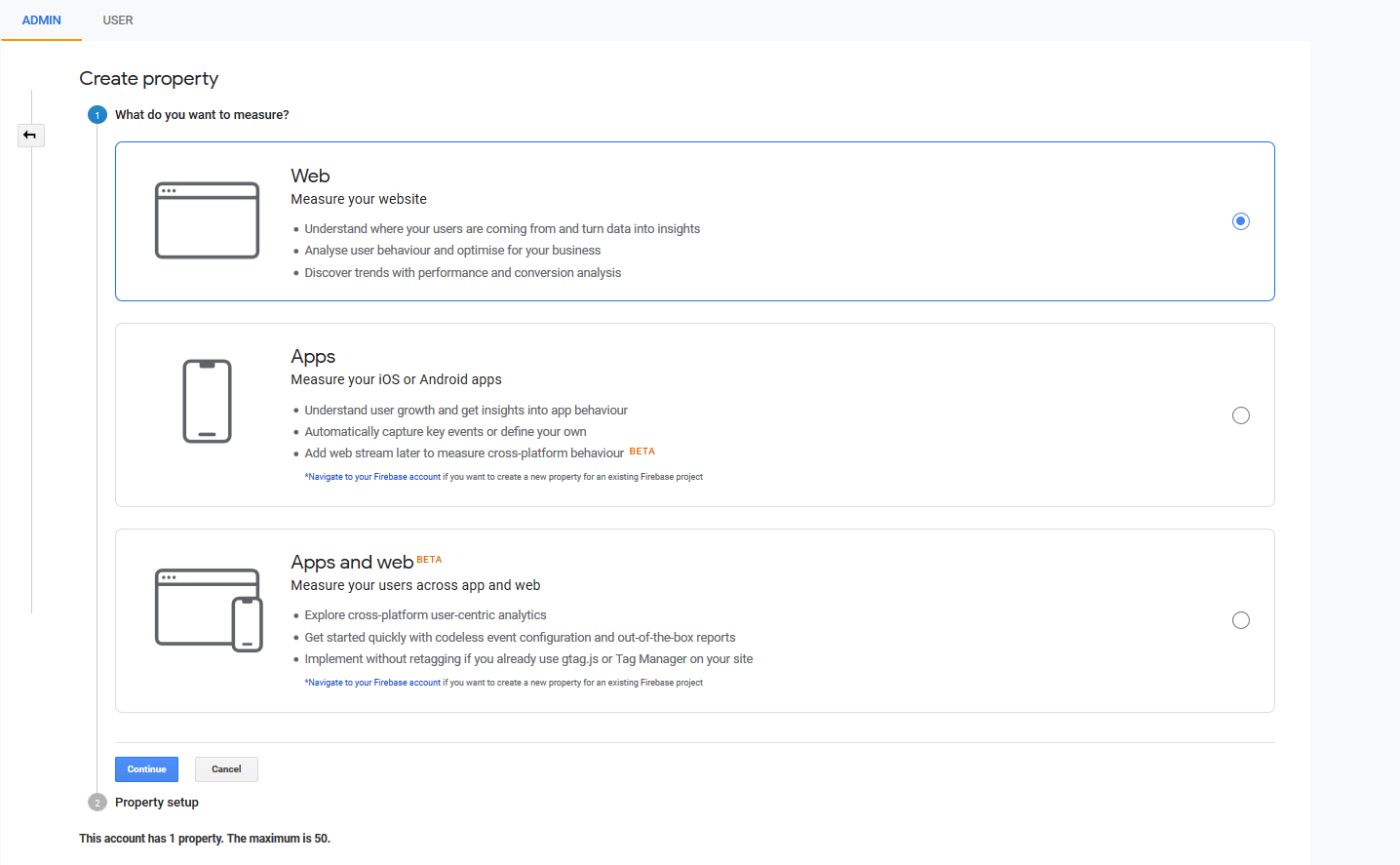 Google Analytics create property