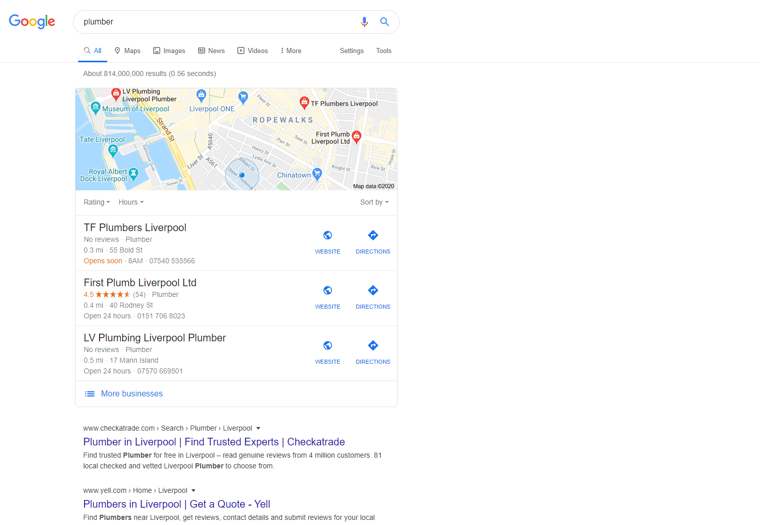 Search engine result for plumber in Liverpool