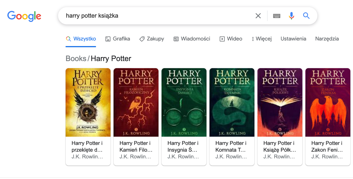 Podgląd wyniku wyszukiwania Google Knowledge Graph z serią książek