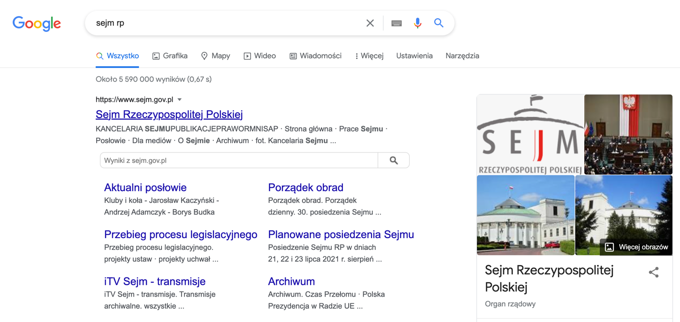 Podgląd wyniku wyszukiwania Google Knowledge Graph ze zdjęciami i podkategoriami