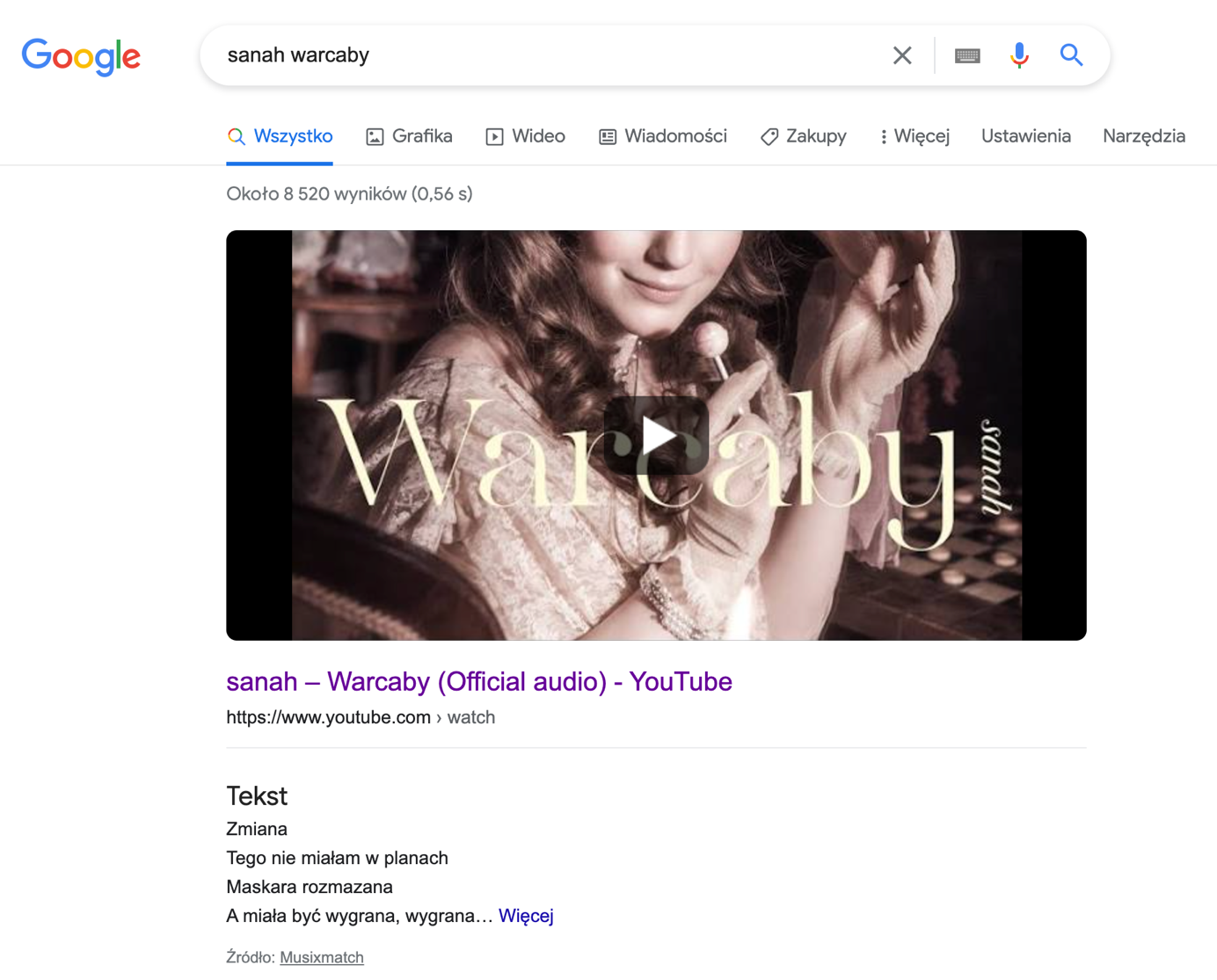 Podgląd wynik wyszukiwania Google Knowledge Graph na zapytanie muzyczne