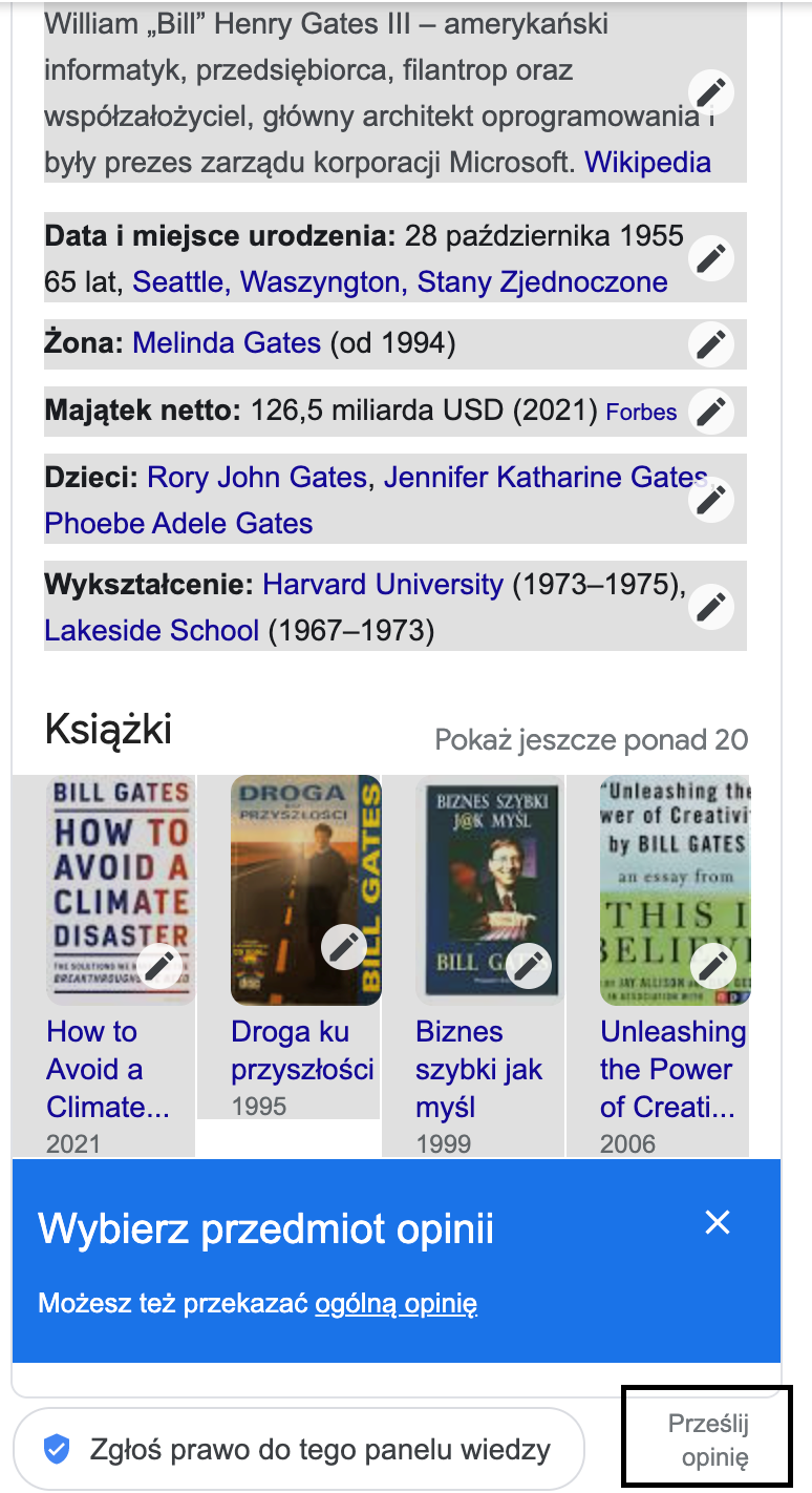 Podgląd widok Google Knowledge Graph z przyciskiem do zgłaszania opinii