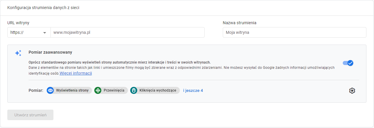 Ekran wprowadzania adresu URL strony internetowej w Google Analytics 4