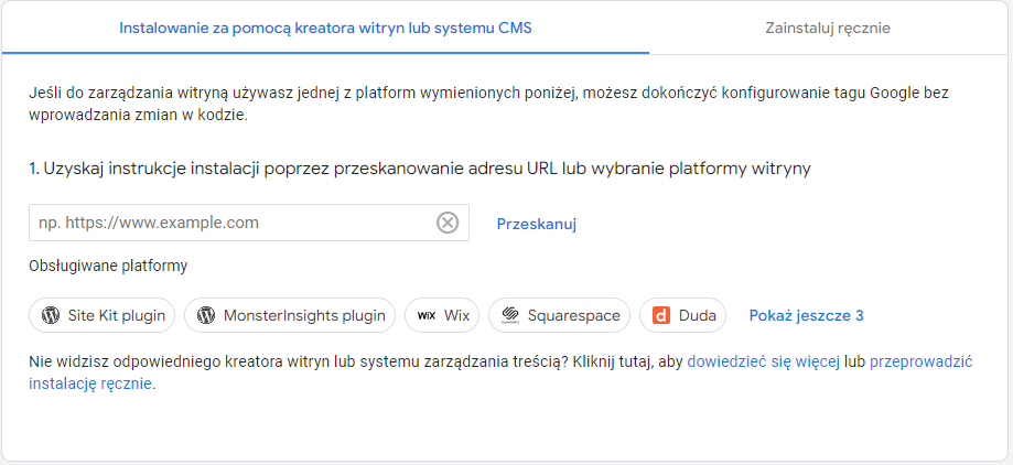 ekran dodawania kodu śledzenia w Universal Analytics dla kreatorów witryn i systemów CMS
