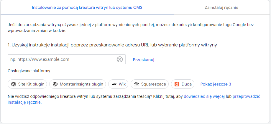 Ekran instrukcji instalacji kodu śledzącego Google Analytics 4 za pomocą kreatora witryn lub systemów CMS