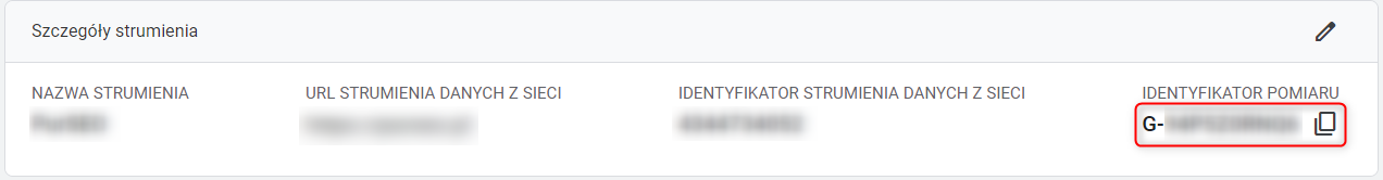 Ekran ze szczegółami strumienia danych dla kodu śledzącego Google Analytics 4