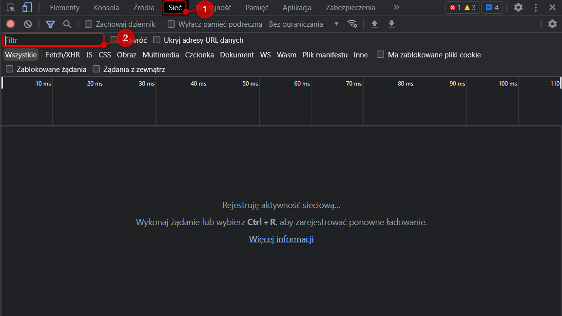 Podgląd aktywnie ładowanych żądań w DevTools Google Chrome.