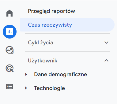Nawigacja do raportu w czasie rzeczywistym ruchu na stronie w Google Analytics 4