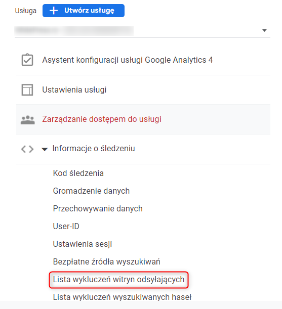 Ścieżka do listy wykluczeń witryn odsyłających w Google Universal Analytics