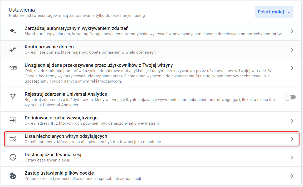 Ustawienia listy niechcianych witryn odsyłających w Google Analytics 4