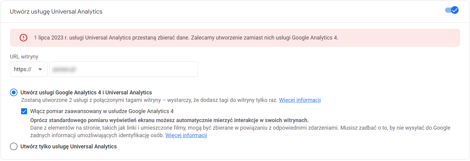 Ekran tworzenia usługi Google Universal Analytics