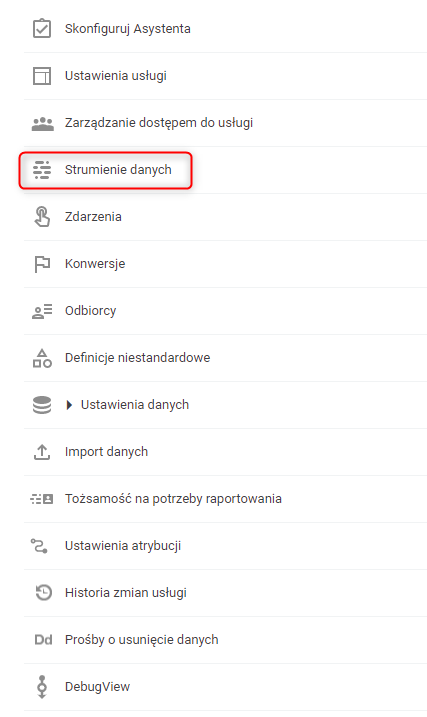 Wybór strumienia danych w Google Analytics 4 w celu zamieszczenia kodu śledzącego