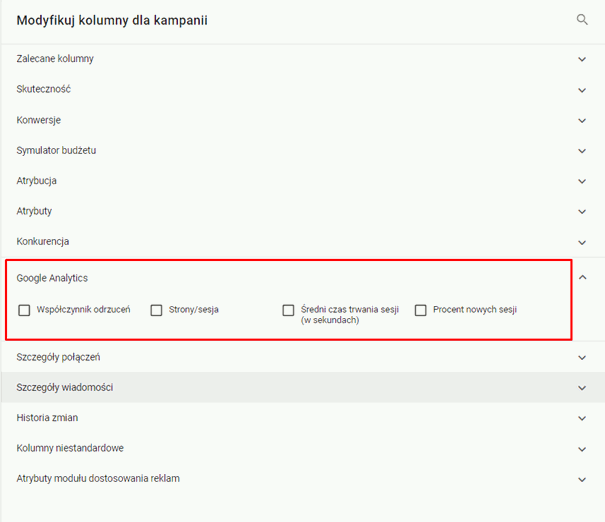 Dane z Google Analytics dostępne po połączeniu z Google Ads