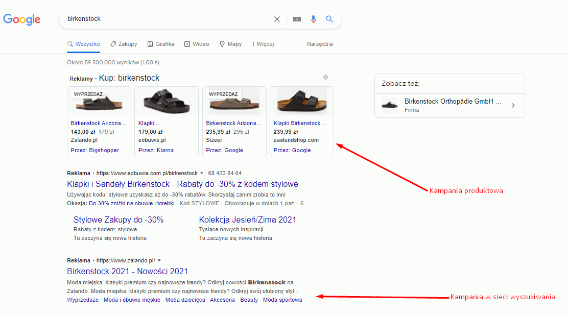 Przykład kampanii produktowej w wyszukiwarce Google